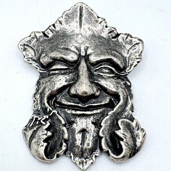 Vintage 1989 Carruth Pewter Smiling Green Man Brooch Pin Nature Garden Design - Picture 1 of 6